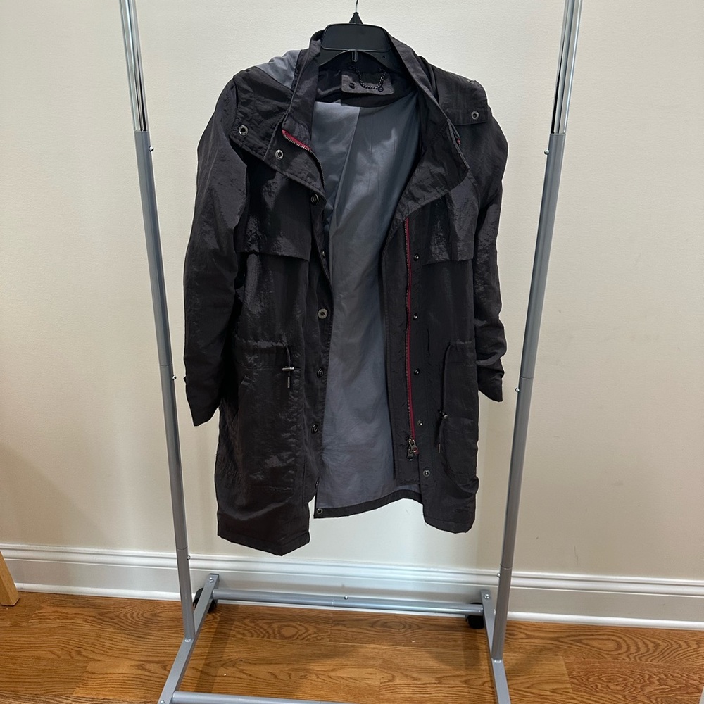 Charcoal grey coat with red trim & detachable hood